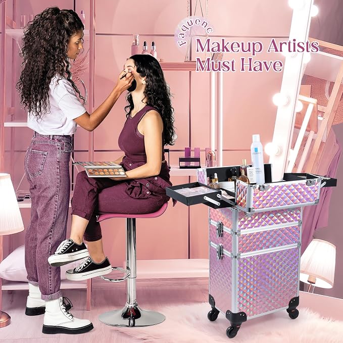 Faquenc Rolling Makeup Train Case 3 in 1 Cosmetology Case on Wheels Makeup Organizers Nail Tech Storage Cart Cosmetic Trolley Travel Barber Suitcase for Make up Manicure Hair Lockable, Shiny Pink - Image 2
