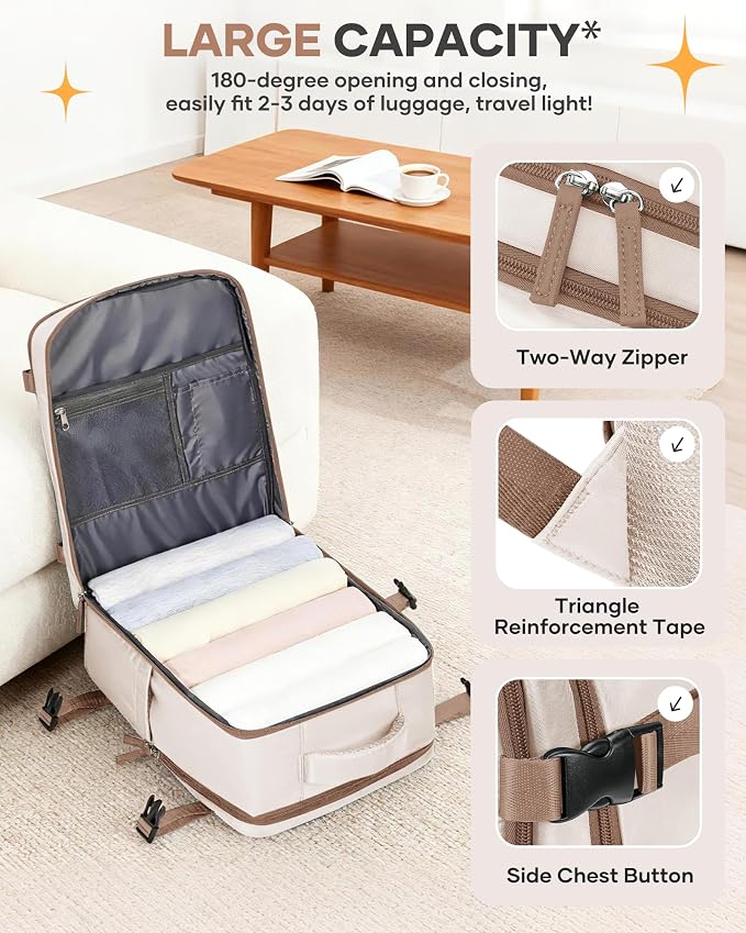 Travel Backpack Carry on Flight Approved Mochila De Viaje Personal Item Backpack for Airlines Frontier Airlines Personal Item Bag Large Backpack for Travel Backpacks for Men Women Beige with Brown - Image 5