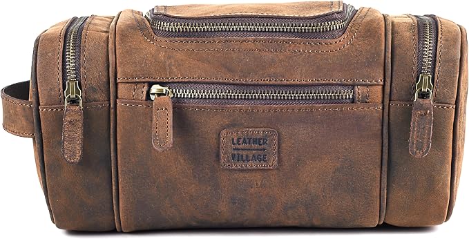 LEATHER VILLAGE Genuine Leather Travel Dopp Kit for Men & Women – Water-Resistant Large-Capacity Hanging Toiletry Bag for Travel, Grooming, Bathroom Organization, Shaving Essentials & Gym Use - Brown - Image 2