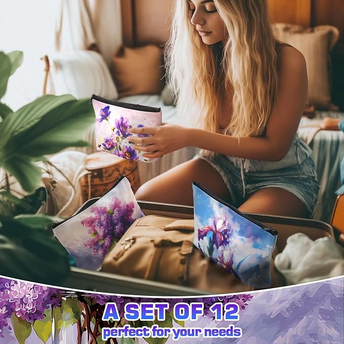 Sweetude 12 Pcs Purple Flowers Makeup Bags Bulk Purple Portable Travel Cosmetic Bag with Zipper Oil Painting Floral Waterproof Roomy Travel Toiletry Organizer Storage Beauty Pouch for Women Gifts - Image 2