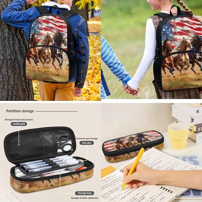 POLERO American Flag Horse Backpack and Lunch Box Set with Pencil Case Water Bottle Holder Teen Kids School Bookbag Daypack - Image 5
