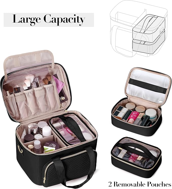 Large Makeup Bag for Women, Cosmetic Case, Travel Makeup Organizer | Large Cosmetic Case with 2 Pouches & Adjustable Dividers, Makeup Organizer Fits Bottle Vertically, Portable Travel Accessory - Image 2