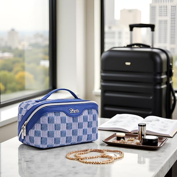 BOYATU Travel Makeup Bag for Women: Large Cosmetic Bag Set of 3 - PU Leather Make up Bag with Compartments - Compact Waterproof Toiletry Bag with Divider & Handle (D-1-Blue) - Image 9