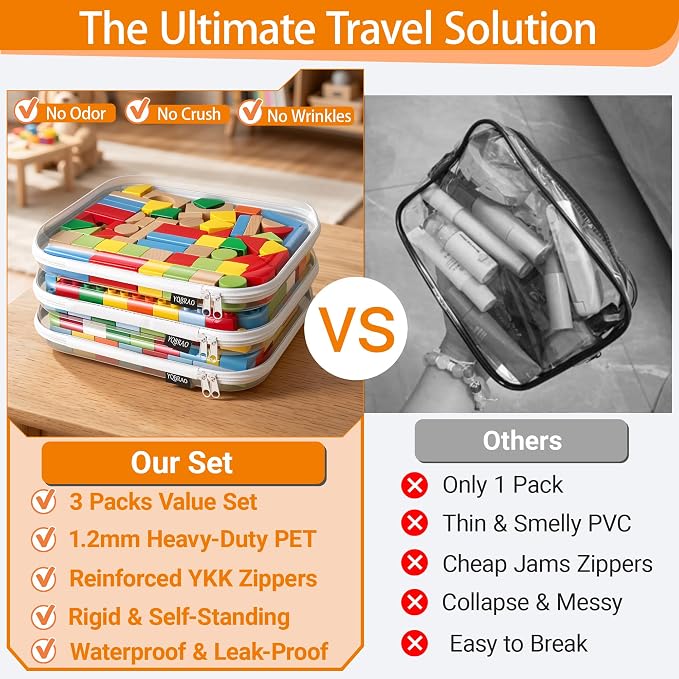 YQBRAO 3-Pack Large Clear Hard Shell Zipper Case, 1.2mm Rigid Toy & Cosmetic Bags, Heavy-Duty Diaper Bag Pouch Set with YKK Zippers, Waterproof Travel & Makeup Organizer - Image 2