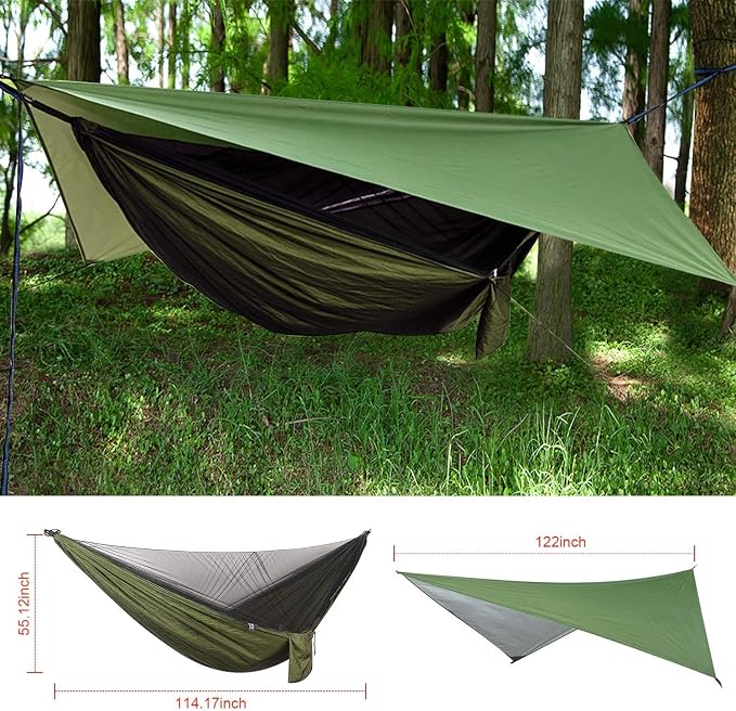 Camping Hammock with Rain Fly Tarp and Mosquito Net Tent Tree Straps, Portable Single Double Nylon Parachute Hammock Rainfly Set for Backpacking Hiking Travel Yard Outdoor Activities Green - Image 6