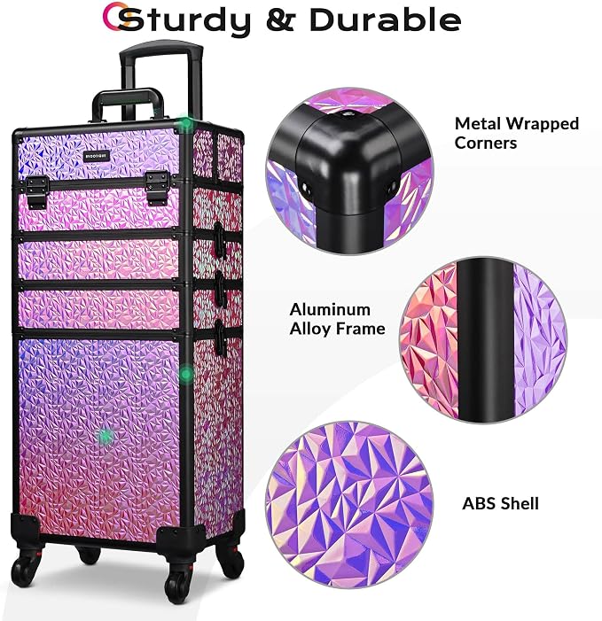 BYOOTIQUE Rolling Makeup Case 4in1 Cosmetology case on wheels Makeup Artist | Aluminum Rolling Makeup Suitcase with 360° Detachable Wheel Lockable 54Lb Large Capacity Organizer Nail Tech Mermaid Pink - Image 5