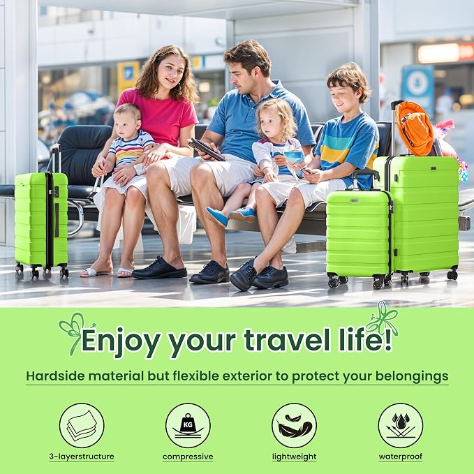 AnyZip Luggage Sets 10 Piece Hardshell Suitcase Set PC ABS Lightweight Travel Suitcases with 4 Double Spinner Wheels TSA Lock 20 24 28 Inch with 7 Storage Bags Apple Green - Image 2
