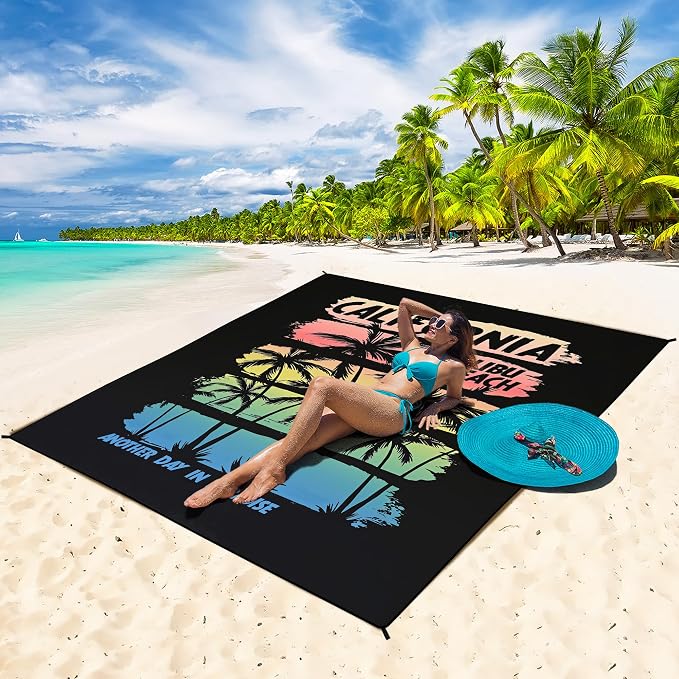Beach Blanket Waterproof Sandproof Beach Mat 79”x 83” for 1-8 Adults Quick Drying Durable Outdoor Picnic Mat for Beach Festival Travel Camping Hiking (Rainbow Cocotree-California, 79"×83"(4 Person)) - Image 2