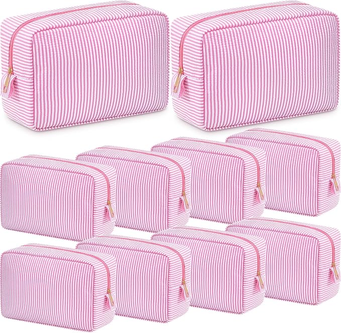 Sanwuta 10 Pcs Seersucker Cosmetic Bag Seersucker Makeup Bag Women Stripe Large Travel Toiletry Organizer Preppy Storage Pouch for Embroidery Wedding Bridesmaid Bride Mom (Pink) by Sanwuta