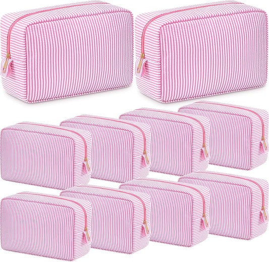 Sanwuta 10 Pcs Seersucker Cosmetic Bag Seersucker Makeup Bag Women Stripe Large Travel Toiletry Organizer Preppy Storage Pouch for Embroidery Wedding Bridesmaid Bride Mom (Pink) by Sanwuta