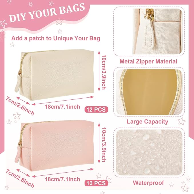 24 Pcs Preppy Makeup Bag PU Leather Cosmetic Bag with Zipper Plain Cosmetic Pouch Waterproof Toiletry Makeup Pouch for Women Bridal Shower Favors Traveling Organizer(Light Pink, Beige) - Image 2