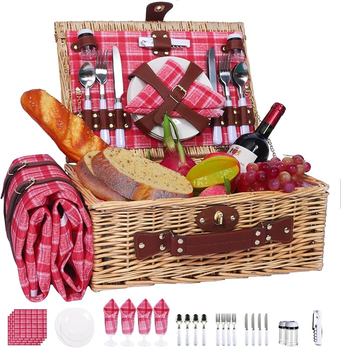 Picnic Baskets Wicker Willow Picnic Set for 4 Persons with Insulated Cooler Bag and Waterproof Pink Plaid Picnic Blanket Gift for Christmas Thanksgiving Wedding Birthday Camp Outdoor Beach Travel by YPshuye