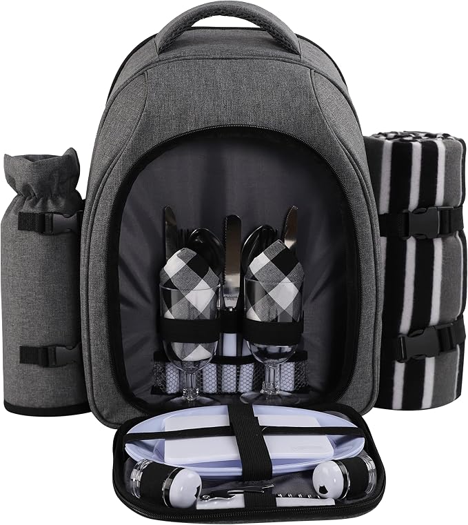 apollo walker Picnic Backpack Bag for 2 Person with Cooler Compartment, Detachable Bottle/Wine Holder, Fleece Blanket, Plates and Cutlery Set (2Person,Grey) by apollowalker