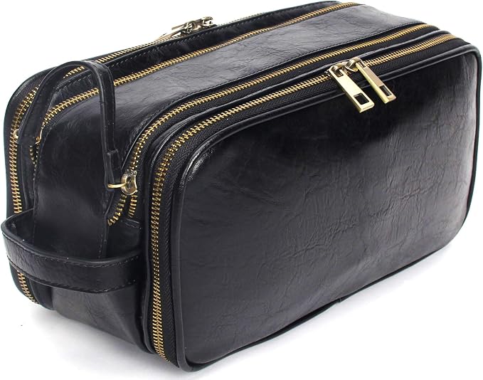 Travel Toiletry Bag for Men Leather Dopp Kit Bags Personalized Christmas Gift Black by ROCKCOW