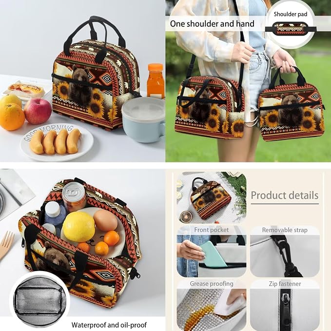 Student Backpack with Leakproof Lunch Bag Pencil Pouch Water Bottle Organizer with Aztec Sunflower Bear, Casual Double Zipper Large Capacity Travel Book Bag Rucksack for Kids - Image 4