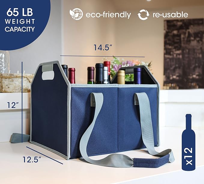 12 Bottle Wine Carrier Bag Collapsible Reusable with Strap for Liquor Champagne Beer Glasses Storage Shopping Travel (Navy Blue) - Image 2