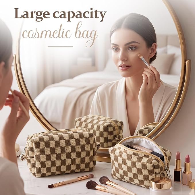 Gilprop 12 Pcs Checkered Makeup Bag for Purse Small Cosmetic Pouch Bulk Portable Zipper Makeup Pouch Travel Toiletry Organizer Gifts for Women Bridesmaid Wedding Party Favors (Brown) - Image 6