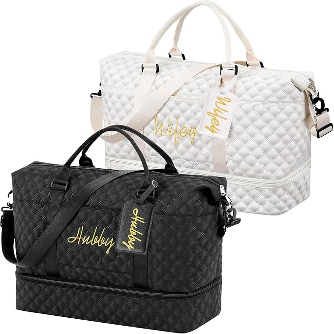 Dansydaisy 4 Pcs Duffel Bag Set Include 2 Honeymoon Travel Bags with Shoe Compartment and 2 Luggage Tags(19.7 x 9.8 x 15.7 Inches,Hubby and Wifey,Black,White) by Dansydaisy