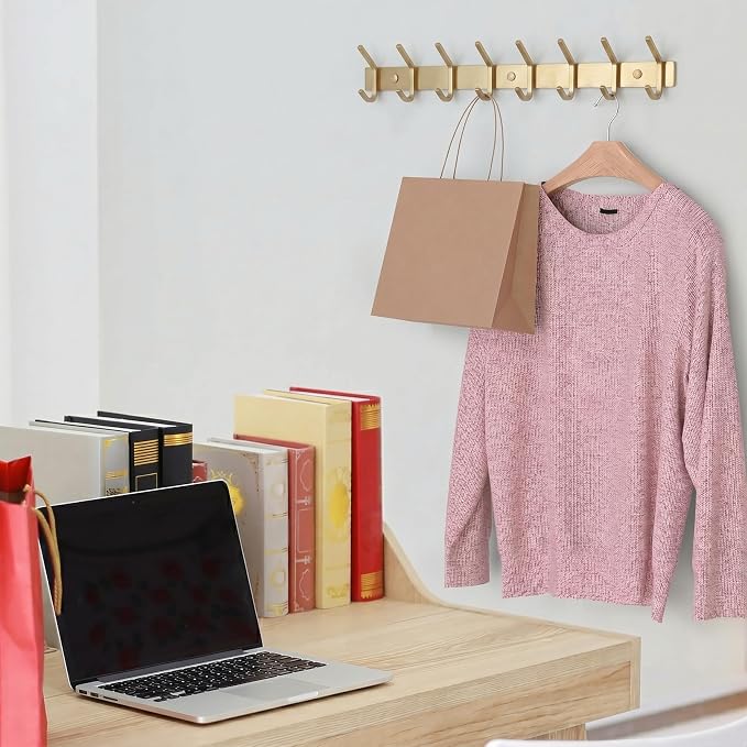 Brushed Gold Wall Mounted Coat Rack – 24 Inch Stainless Steel Rail with 8 Double Coat Hooks for Entryway, Bathroom, Bedroom, Kitchen – Modern Gold Hook Rack for Coats, Hats, Towels - Image 5