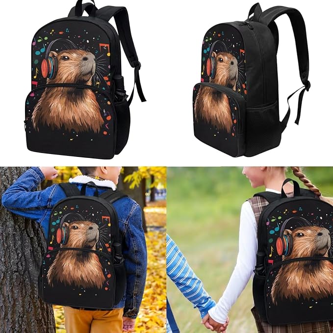 Music Capybara Backpack for School Girls with Lunchbox 17 Inch Cute Cartoon Animal Bookbag Kids Lunch Box Set and Pencil Case, 3-in-1 Back to School Bag Lunch Bag - Image 3