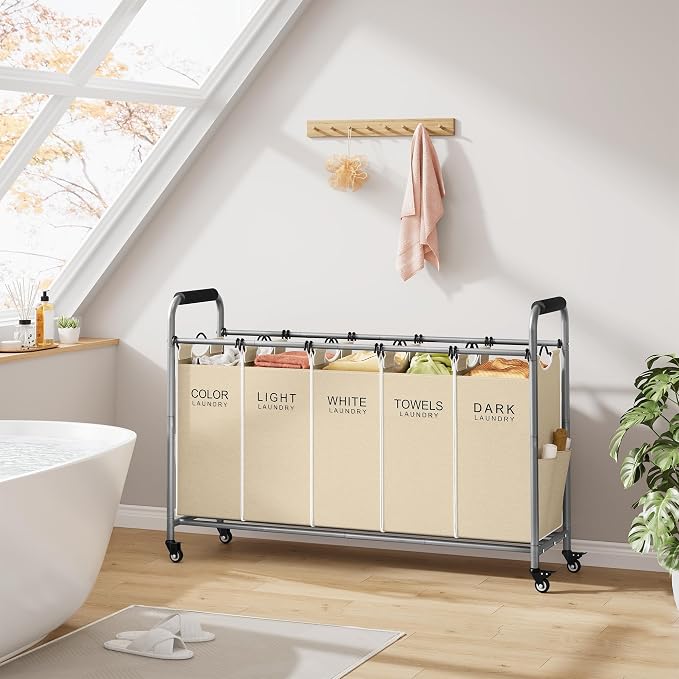 Tajsoon Laundry Sorter 5 Section, Clothes Hamper with Wheels, Beige | 246L Rolling Laundry Sorter Basket for Dirty Clothes Storage, Laundry Separator Hamper for Bathroom, Laundry Room, Family - Image 6