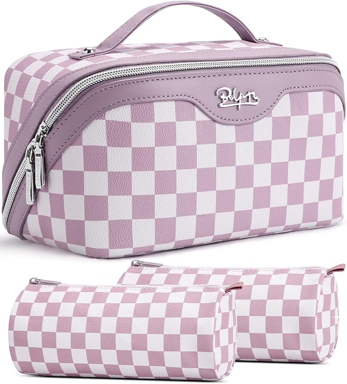 BOYATU Travel Makeup Bag Organizer Cosmetic Bag: 3 Pcs Set Make up Bags for Women with Handle - Waterproof Vegan Leather Toiletry Bag (01-G-Purple) by BOYATU