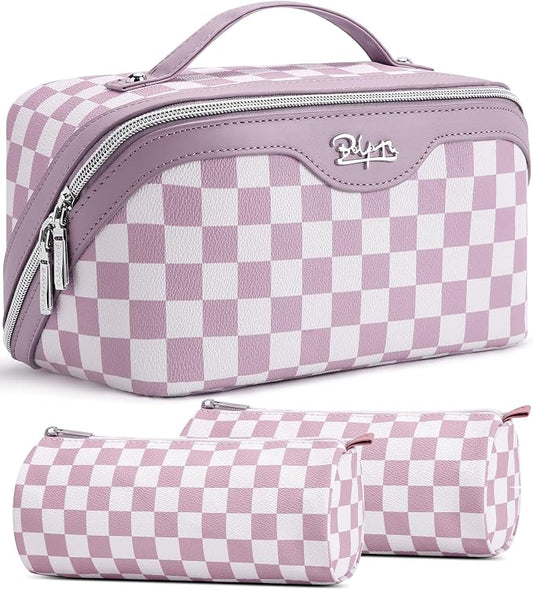 BOYATU Travel Makeup Bag Organizer Cosmetic Bag: 3 Pcs Set Make up Bags for Women with Handle - Waterproof Vegan Leather Toiletry Bag (01-G-Purple) by BOYATU