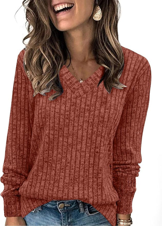 Sampeel V Neck Long Sleeve Shirts for Women Casual Fall Tops Lightweight Tunic Sweaters Fashion Clothes Loose Fit 2025