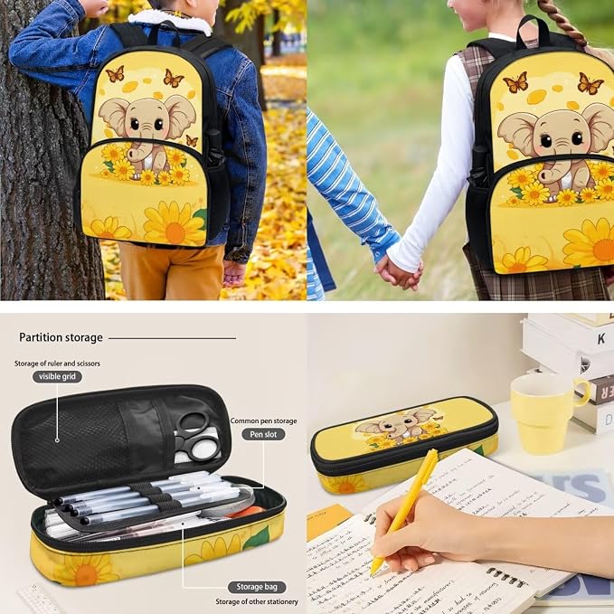 POLERO Cute School Bag Bookbag for Teen Girls Sunflower Butterfly Elephant Backpack Set with Lunch Box Pencil Case Water Bottle Holder - Image 4