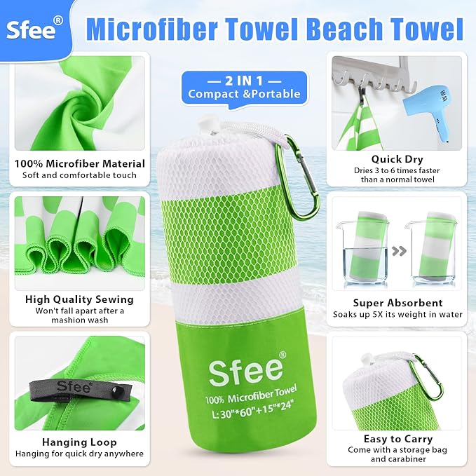 Sfee 2 in 1 Microfiber Oversized Beach Towel, Quick Dry Towel Travel Towel Camping Towel Super Absorbent Compact Lightweight Sports Gym Towels for Beach,Gym, Hiking, Pool, Backpacking, Bath, Yoga - Image 2