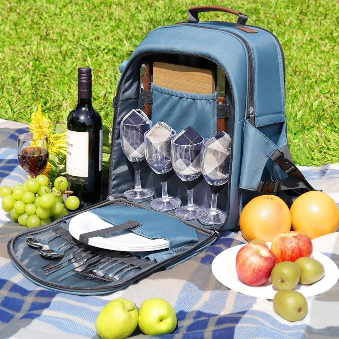 Sunflora Picnic Backpack for 4 Person Set Pack with Insulated Waterproof Pouch for Family Outdoor Camping(Light Blue) - Image 2