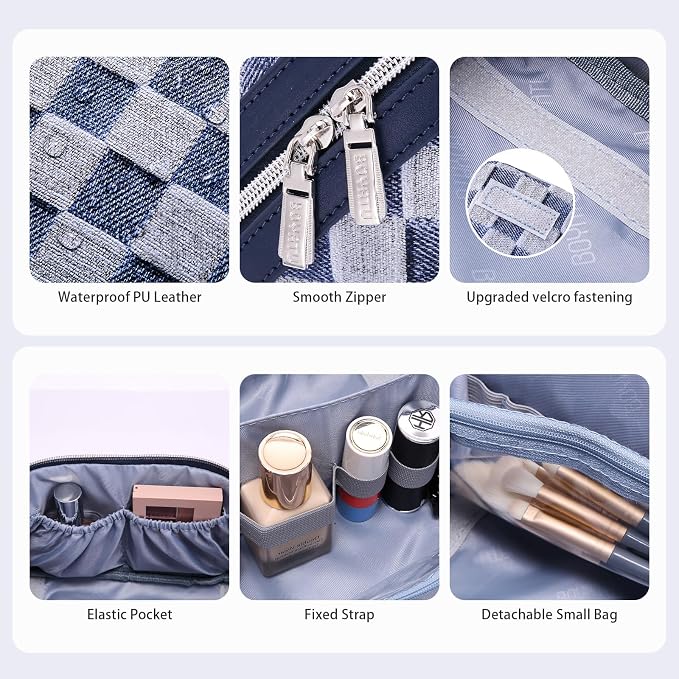 BOYATU Travel Makeup Bag for Women: Large Cosmetic Bag Set of 3 - PU Leather Make up Bag with Compartments - Compact Waterproof Toiletry Bag with Divider & Handle (D-5-Deep Blue) - Image 4