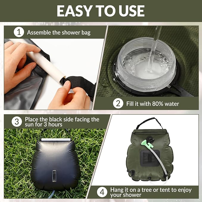Hortsun 4 Pack Solar Portable Shower Bag 5 Gal/20l Solar Heating Camping Shower Bag with On-Off Switchable Head and Removable Hose for Outdoor Camping Hiking Traveling Beach Swimming - Image 6