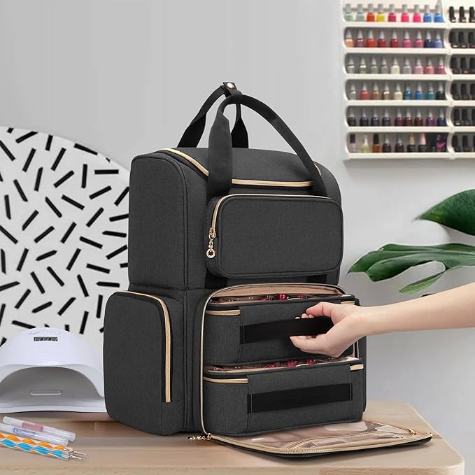 LUXJA Nail Polish Organizer Backpack Holds 70 Bottles and a UV Lamp | Travel Nail Bag with 2 Removable Cases, Ample Tools Storage Pockets, Adjustable Shoulder Straps, Trolley Sleeve, Black - Image 7
