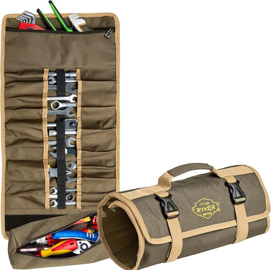 Ryker Wrench Roll Up Tool Bag Organizer. Soft Motorcycle rollup tool pouch | Heavy Duty Small Tool Roll Bag. Motorcycle Gear Storage with Multiple Pockets for Survival Overland Gear, Sockets & Tools Box by TheRykerBag