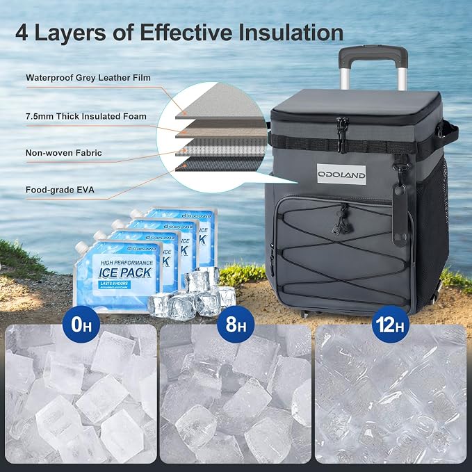 Odoland 72 Can Rolling Cooler Bag with Wheels & Handle, Collapsible Insulated Ice Chest for Beach, Camping & Tailgating - Portable Travel Soft Cooler on Wheels, Collapses for Easy Storage - Image 3