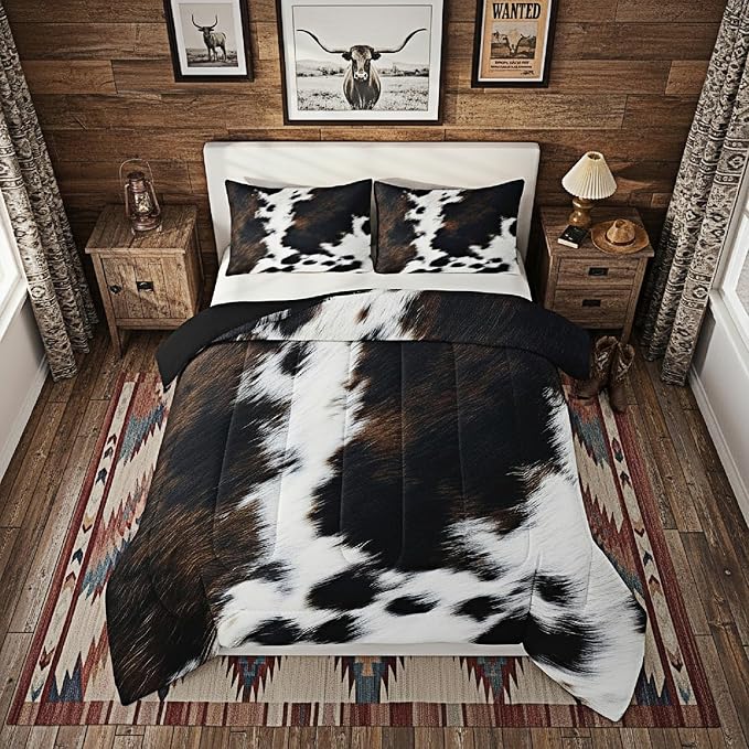 Brown Cowhide Comforter Set King,Black White Aztec Cow Print Bedding Set Western Farmhouse Animal Fur Down Comforter for Kids Boys Girls,Rustic Cowboy Quilt Duvet Set 2 Pillow Cases Bedroom Decor by Erosebridal