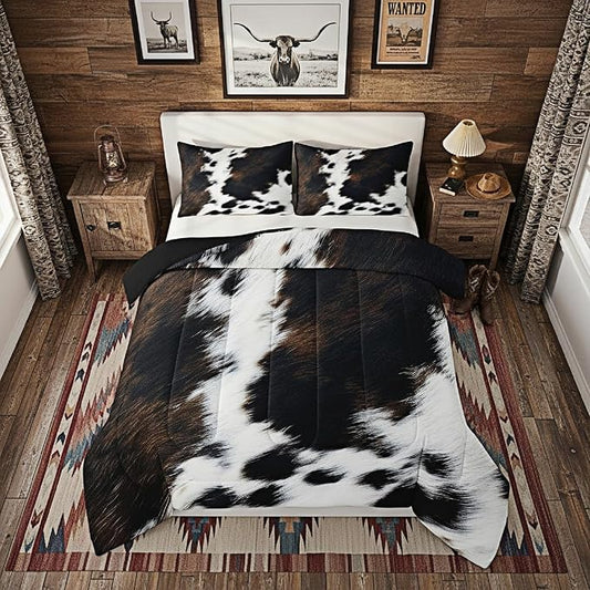 Brown Cowhide Comforter Set Full,Black White Aztec Cow Print Bedding Set Western Farmhouse Animal Fur Down Comforter for Kids Boys Girls,Rustic Cowboy Quilt Duvet Set 2 Pillow Cases Bedroom Decor by Erosebridal