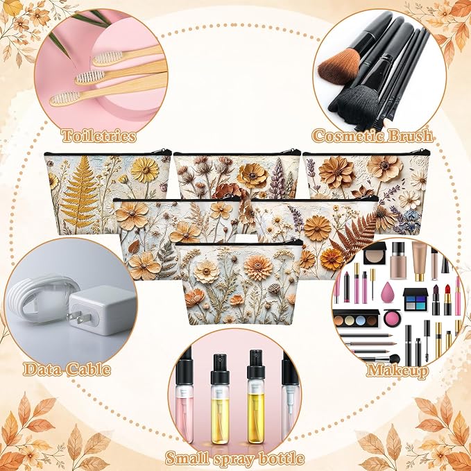 Sweetude 12 Pcs Fall Relief Flowers Makeup Bag Bulk Orange Autumn Portable Travel Cosmetic Bag with Zipper Fall Floral Waterproof Roomy Travel Toiletry Organizer Storage Beauty Pouch for Women Gifts - Image 4