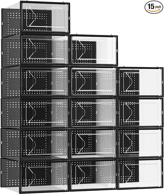 Foluck 15 Pack Shoe Storage Organizer Box Container Clear Plastic Stackable | Interlocking Design, Sturdy Dustproof Breathable, Fits Men's Size 9 Women's Size 10, for Closet Entryway Under Bed by Foluck