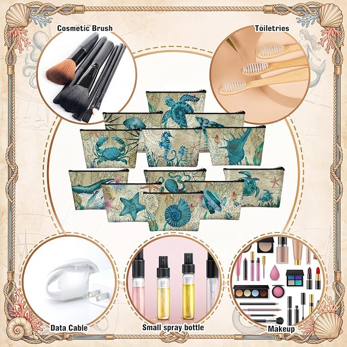 Sweetude 24 Pcs Beach Coastal Makeup Bags Bulk Retro Summer Nautical Portable Travel Cosmetic Bag with Zipper Sea Animals Waterproof Roomy Travel Toiletry Organizer Storage Pouch for Women Ocean Gifts - Image 4