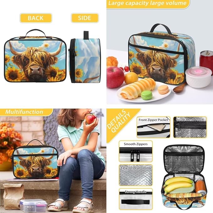 Sunflower Highland Cow Backpack for Girls School Bag Aesthetic Backpacks with Lunch Bag & Pencil Case Kawaiian Schoolbag 3 in 1 Rucksack Bookbag Set - Image 4