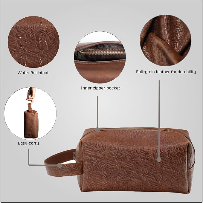 Leather Toiletry Bag for Men – Water Resistant Travel Dopp Kit - Premium Full Grain Leather Cosmetic Case- Perfect Gifts for Him - Mens Toiletry Bag (Honey) - Image 3