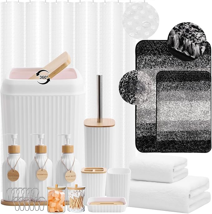 34PCS Bathroom Accessories Set with Shower Curtain,Rugs,Bath Towel,Trash Can,3PCS Lotion Soap Dispenser, Toothbrush Holder, Soap Dish,Tumbler Cup,6PCS Wood Tags Bath Accessories with Tray for Bathroom by BetterbathroomwithXLHOME