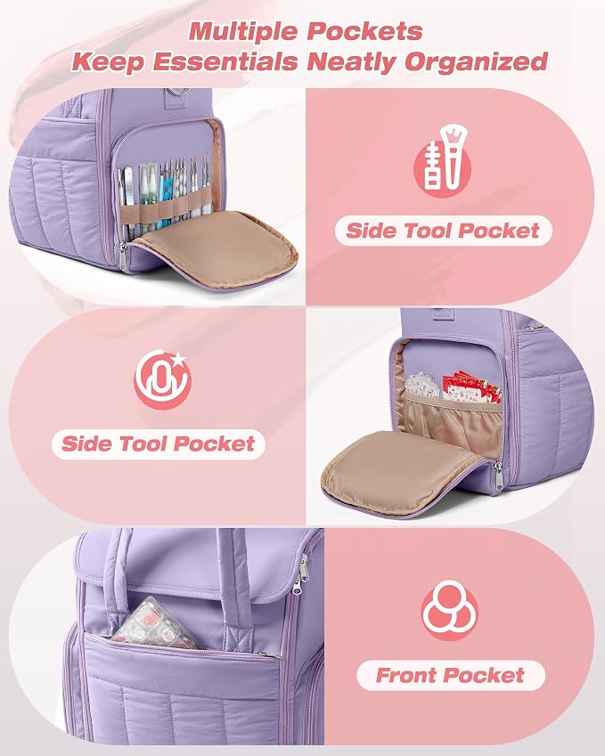 Marscamd Nail Polish Organizer Bag Holds 70 Bottles and Nail Lamp, Nail Polish Storage Case with 2 Removable Bags and Multiple Pockets, Purple - Image 4