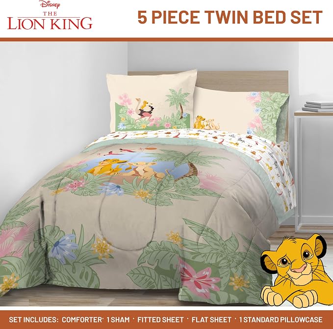 Disney Lion King Simba Twin Comforter Set 5 Piece Kids Bedding, Multi | Safari Animal, Comforter Sheets Sham Pillowcase, Official Brand, Soft Microfiber, Machine Washable, Easy Care, Kids Gift - Image 2