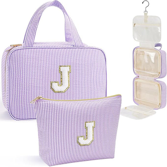 YOOLIFE Travel Toiletry Bag Makeup Bag - Hanging Toiletry Bag for Women, Portable Toiletries Travel Bag and Cosmetic Bag, Airplane Travel Essentials Travel Toiletry Bag - Letter J, Purple