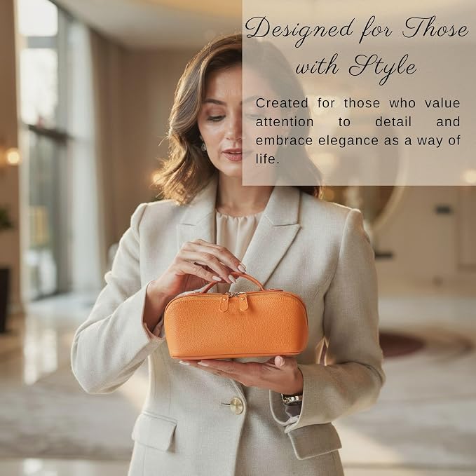 VENOULT Makeup Bag, Spacious Cosmetic Case for Women, Portable 180° Wide-Open Flat Cosmetic Bag, Travel Toiletry Organizer with Handle, Hanmdade, Full Grain Genuine Turkish Leather (Mango) - Image 6