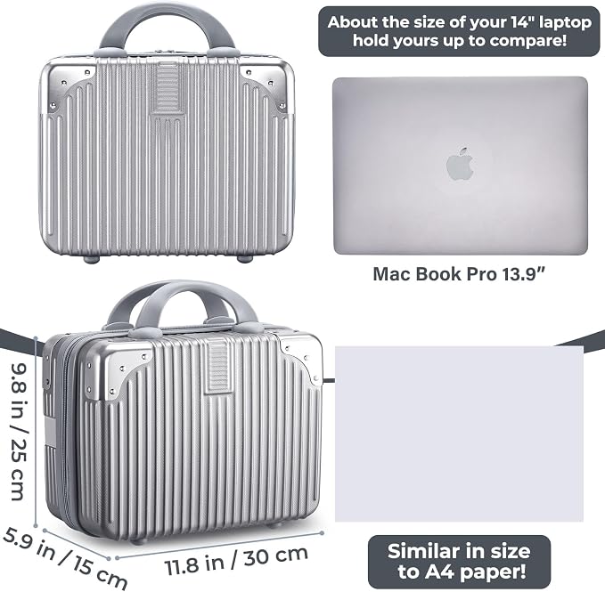 14 Inch Hard Shell Cosmetic Case, Mini Carrying Makeup Suitcase, Silver | Small Pressure-proof Hard Case Makeup Travel Case with Elastic Band ABS Carrying Suitcase, Mini Travel Hand Luggage Organizer - Image 4