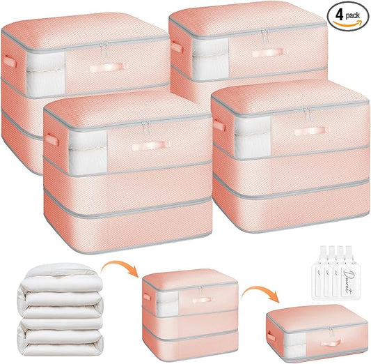 Homsorout 4 Pack Compression Storage Bags - 110L Large Capacity Comforter Storage Bag, 3-Layer Washable Ultra Space Saving Self Compression Organizer Space Bags for Blankets, Sweaters, Sheets, Pink by Homsorout